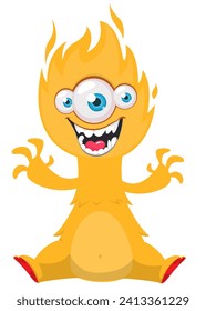 Cartoon happy monster three eyes sitting and waving hands.  Vector illustration isolated on white. Great for Halloween party or package design.