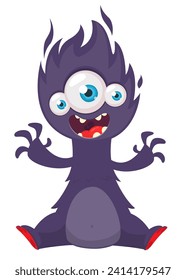 Cartoon happy monster three eyes sitting and waving hands.  Vector illustration isolated on white. Great for Halloween party or package design.