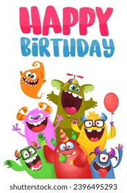 Cartoon happy monsters set with different face expressions. Merry Christmas party invitation card or  poster. New year's holiday design. Vector illustration.