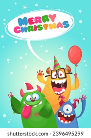 Cartoon happy monsters set with different face expressions. Merry Christmas party invitation card or  poster. New year's holiday design. Vector illustration.