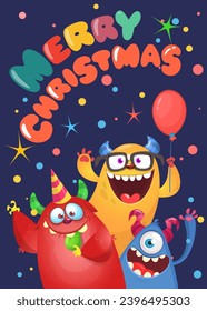 Cartoon happy monsters set with different face expressions. Merry Christmas party invitation card or  poster. New year's holiday design. Vector illustration.