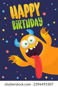 Cartoon happy monsters set with different face expressions. Merry Christmas party invitation card or  poster. New year's holiday design. Vector illustration.