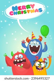 Cartoon happy monsters set with different face expressions. Merry Christmas party invitation card or  poster. New year's holiday design. Vector illustration.