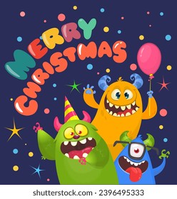 Cartoon happy monsters set with different face expressions. Merry Christmas party invitation card or  poster. New year's holiday design. Vector illustration.