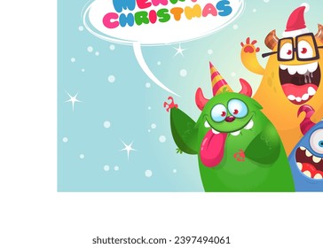 Cartoon happy monsters set with different face expressions. Merry Christmas party invitation card or  poster. New year's holiday design. Vector illustration.