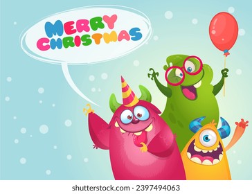 Cartoon happy monsters set with different face expressions. Merry Christmas party invitation card or  poster. New year's holiday design. Vector illustration.