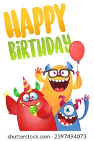 Cartoon happy monsters set with different face expressions. Merry Christmas party invitation card or  poster. New year's holiday design. Vector illustration.