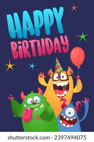 Cartoon happy monsters set with different face expressions. Merry Christmas party invitation card or  poster. New year's holiday design. Vector illustration.