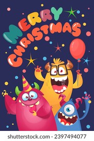 Cartoon happy monsters set with different face expressions. Merry Christmas party invitation card or  poster. New year's holiday design. Vector illustration.