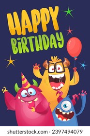 Cartoon happy monsters set with different face expressions. Merry Christmas party invitation card or  poster. New year's holiday design. Vector illustration.