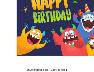 Cartoon happy monsters set with different face expressions. Merry Christmas party invitation card or  poster. New year's holiday design. Vector illustration.