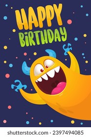 Cartoon happy monsters set with different face expressions. Merry Christmas party invitation card or  poster. New year's holiday design. Vector illustration.