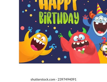 Cartoon happy monsters set with different face expressions. Merry Christmas party invitation card or  poster. New year's holiday design. Vector illustration.