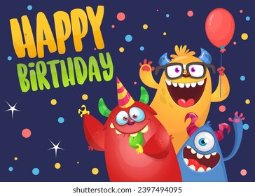 Cartoon happy monsters set with different face expressions. Merry Christmas party invitation card or  poster. New year's holiday design. Vector illustration.