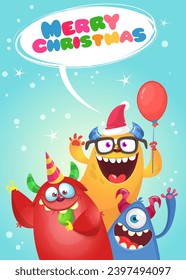 Cartoon happy monsters set with different face expressions. Merry Christmas party invitation card or  poster. New year's holiday design. Vector illustration.