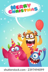 Cartoon happy monsters set with different face expressions. Merry Christmas party invitation card or  poster. New year's holiday design. Vector illustration.