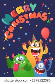 Cartoon happy monsters set with different face expressions. Merry Christmas party invitation card or  poster. New year's holiday design. Vector illustration.