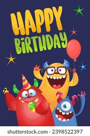 Cartoon happy monsters set with different face expressions. Merry Christmas party invitation card or  poster. New year's holiday design. Vector illustration.
