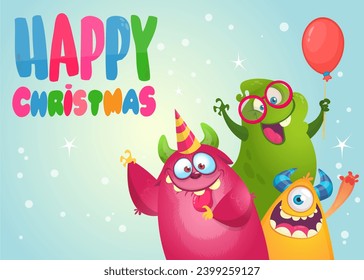 Cartoon happy monsters set with different face expressions. Merry Christmas party invitation card or  poster. New year's holiday design. Vector illustration.