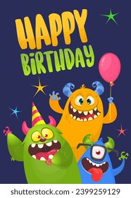 Cartoon happy monsters set with different face expressions. Merry Christmas party invitation card or  poster. New year's holiday design. Vector illustration.