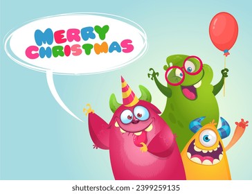 Cartoon happy monsters set with different face expressions. Merry Christmas party invitation card or  poster. New year's holiday design. Vector illustration.