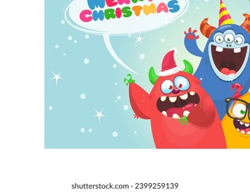 Cartoon happy monsters set with different face expressions. Merry Christmas party invitation card or  poster. New year's holiday design. Vector illustration.