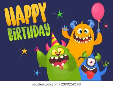 Cartoon happy monsters set with different face expressions. Merry Christmas party invitation card or  poster. New year's holiday design. Vector illustration.