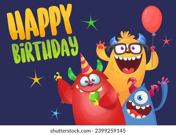 Cartoon happy monsters set with different face expressions. Merry Christmas party invitation card or  poster. New year's holiday design. Vector illustration.