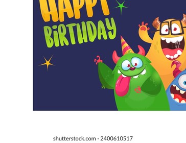 Cartoon happy monsters set with different face expressions. Merry Christmas party invitation card or  poster. New year's holiday design. Vector illustration.