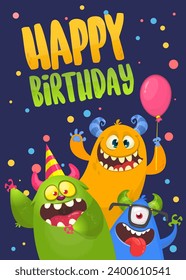 Cartoon happy monsters set with different face expressions. Merry Christmas party invitation card or  poster. New year's holiday design. Vector illustration.
