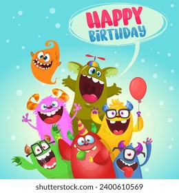Cartoon happy monsters set with different face expressions. Merry Christmas party invitation card or  poster. New year's holiday design. Vector illustration.