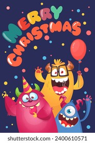 Cartoon happy monsters set with different face expressions. Merry Christmas party invitation card or  poster. New year's holiday design. Vector illustration.