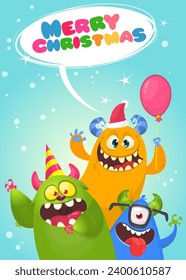 Cartoon happy monsters set with different face expressions. Merry Christmas party invitation card or  poster. New year's holiday design. Vector illustration.