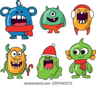 Cartoon happy monsters set. Merry Christmas party invitation card or poster. New year's holiday design. Vector illustration.