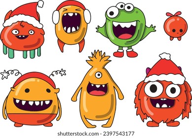 Cartoon happy monsters set. Merry Christmas party invitation card or poster. New year's holiday design. Vector illustration.