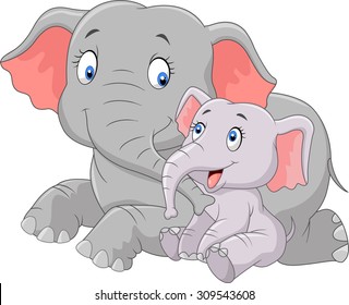 Cartoon happy Mother and baby elephant
