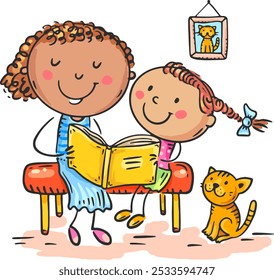 Cartoon happy mother and daughter sitting and reading a book together. Family activity clipart, single parent with kid. Parenting, motherhood concept. Parent actively spends time with child