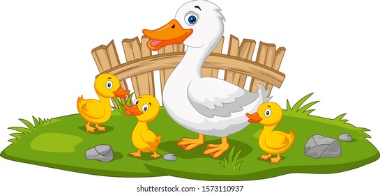 Cartoon happy mother duck and ducklings