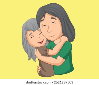 Cartoon happy mother hugging her daughter vector illustration
