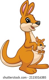 Cartoon. Happy Mother Kangaroo With Her Little Cute Baby Kangaroo. 