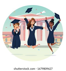 Caricatura Feliz Grupo Estudiantil Multiétnico Femenino Celebrando La Graduación. Niñas graduadas con traje y jugo de sombrero. Adolescentes se alegran con los gorros y el Diploma en la Universidad Yard. Ilustración vectorial