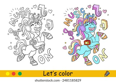 Dibujos animados unicornio musical feliz y letras. Dibujos para colorear para niños. Carácter unicornio. Contorno negro con Plantilla de color sobre fondo blanco. Ilustración vectorial. Para colorear, imprimir, diseñar, pegatinas