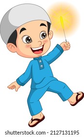 Cartoon happy muslim boy playing firework