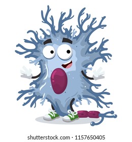 Cartoon Happy Neuron Cell Mascot Smiling On White Background