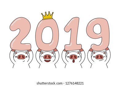 Cartoon happy new year 2019 year of pig for design.