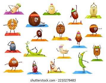 Cartoon happy nuts and beans characters on yoga fitness sport. Vector peanut, coconut, walnut and almond, sunflower or pumpkin seeds, coffee, kidney, green pea or pecan, hazelnut and brazil nut