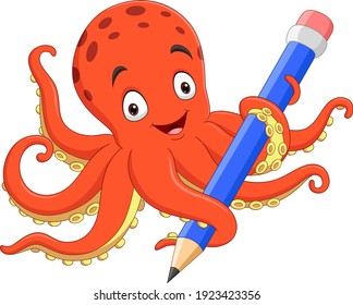 Cartoon happy octopus holding pencil