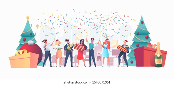 Cartoon happy office colleagues celebrating christmas together near decorated christmas tree with present boxes. Vector smiling workers having fun holding champagne glasses, present boxes.
