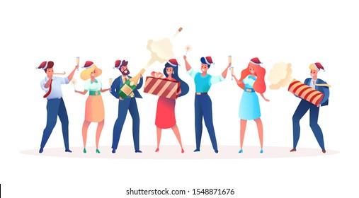 Cartoon happy office colleagues celebrating christmas together. Vector smiling workers having fun holding champagne glasses, present boxes, whistle and firecracker