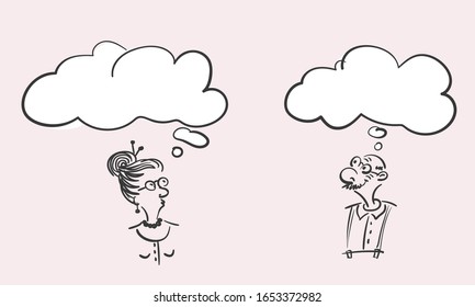 Cartoon happy old man and thoughtful elderly woman with thought bubble, Vector hand drawn doodles